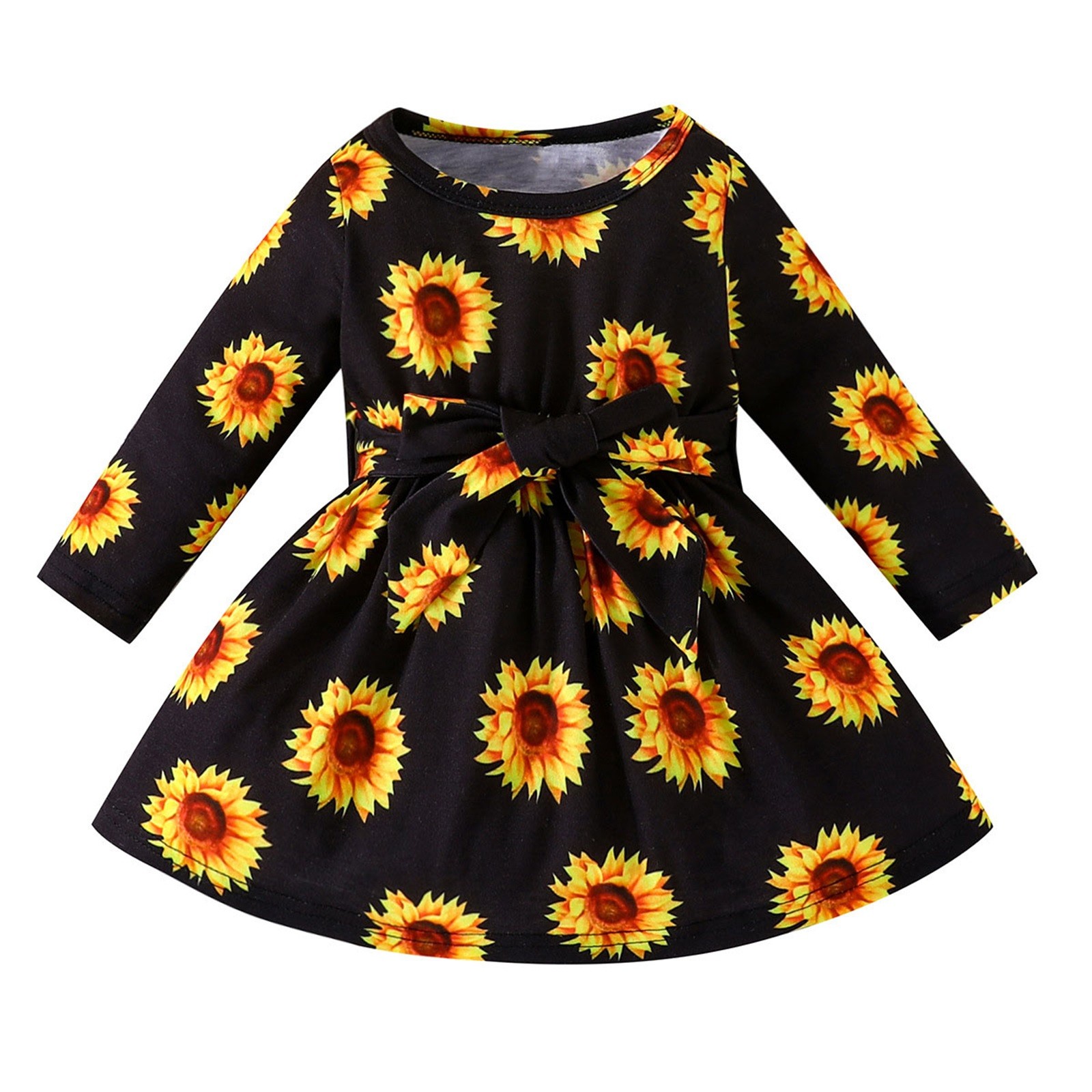 JSCDRPDWL Baby Girl Clothes Toddler Kids Baby Girls Casual Long Sleeve Round Neck Sunflower Print Dress Party Dress Clothes Newborn Baby Girl Clothes Black 9-12 Months